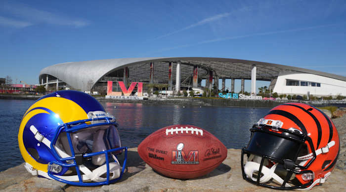 Rams and Bengals helmets across the water from SoFi Stadium in Los Angeles before Super Bowl LVI.